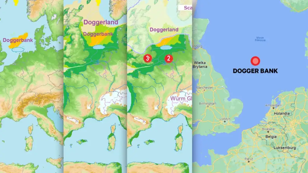 Mapy pokazują, że Holandia ma dostęp do morza, a Doggerland to dawne lądowe połączenie między Wielką Brytanią a Europą.