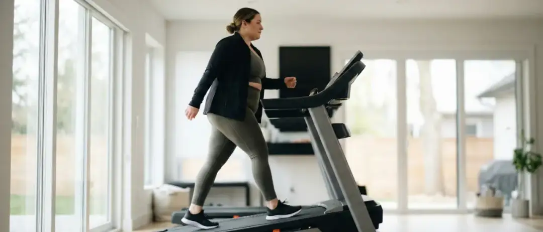 Kobieta ćwiczy na bieżni, zastanawiając się, ile chodzić na bieżni żeby schudnąć.