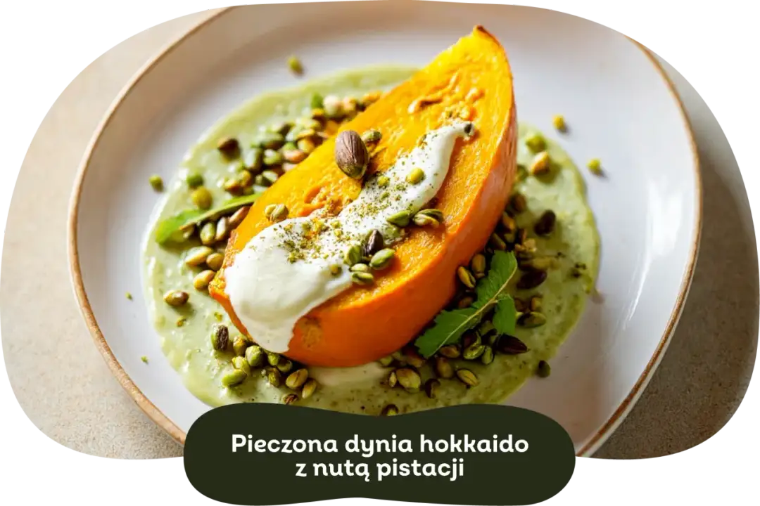 Pieczona dynia hokkaido, podana na kremowym sosie z pistacjami, ozdobiona listkami mięty.