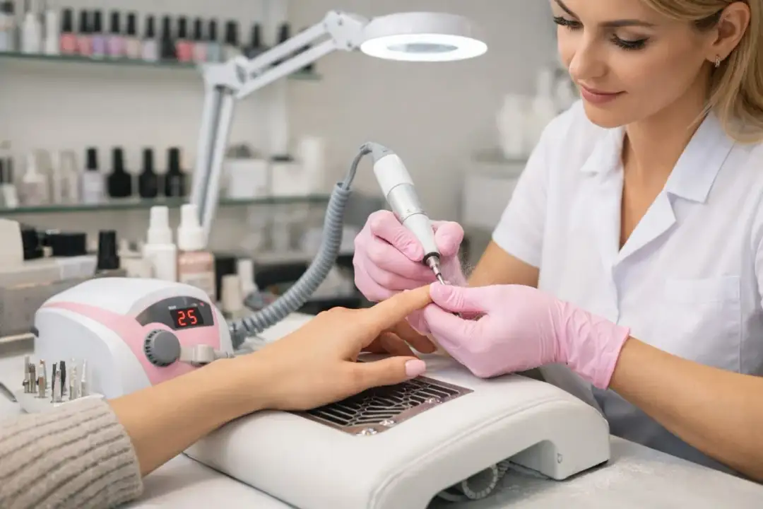 Stylistka w różowych rękawiczkach używa frezarki do paznokci, by nadać im idealny kształt. Jaka frezarka do paznokci sprawdzi się najlepiej?