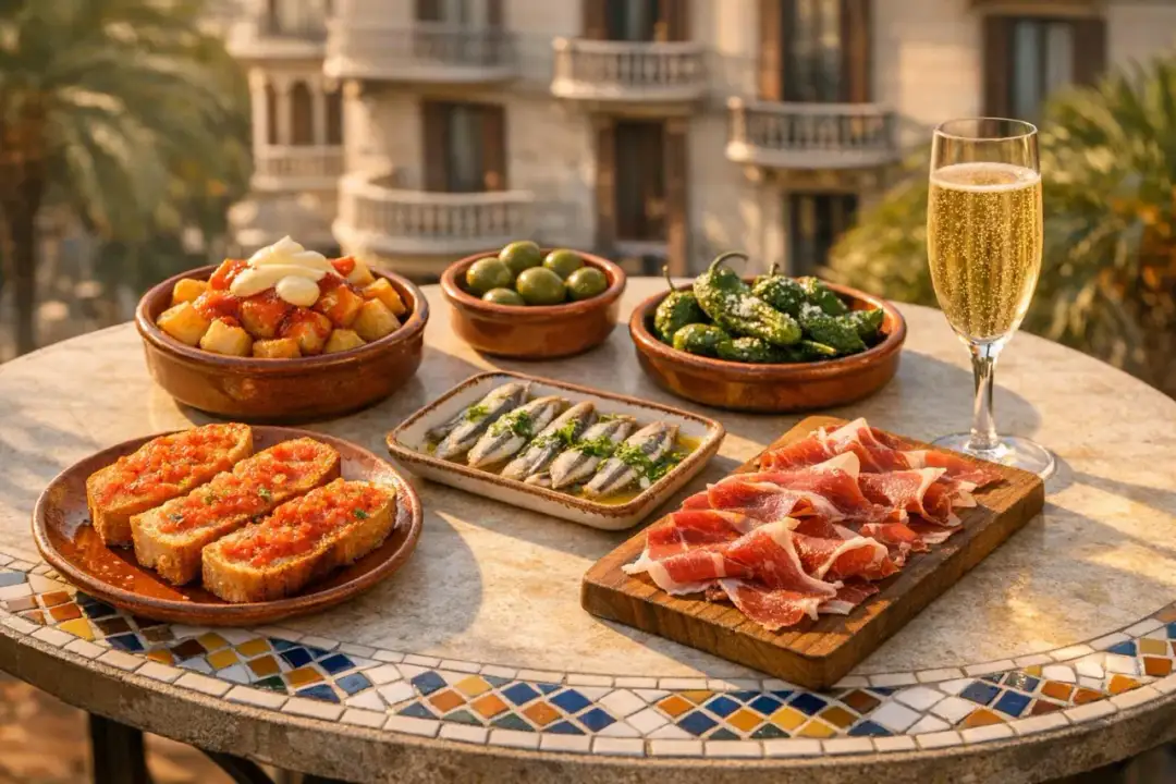 Co zjeść w Barcelonie? Talerz tapas: patatas bravas, oliwki, papryczki padron, sardynki, jamón, pan con tomate i kieliszek cava.