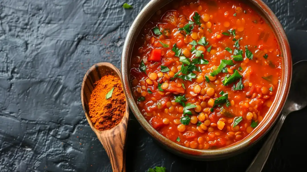 Przepis na zupę wegetariańską z soczewicą, pomidorami i curry