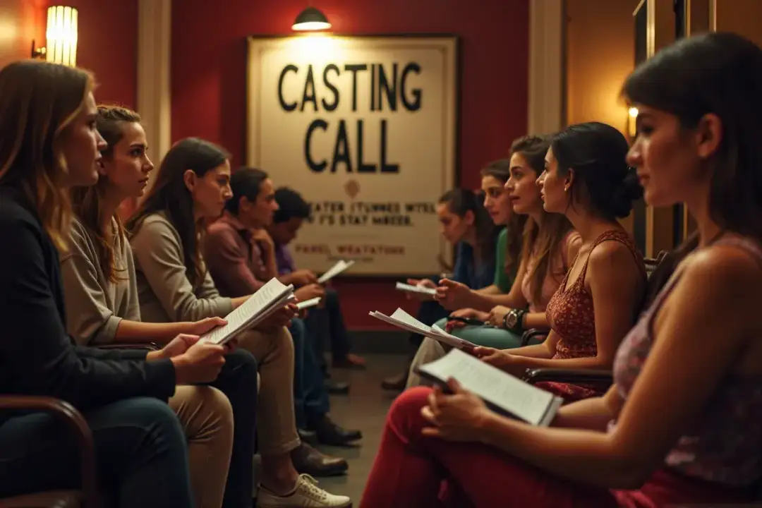 Grupa młodych ludzi czeka na casting do teatru, trzymając w rękach scenariusze.