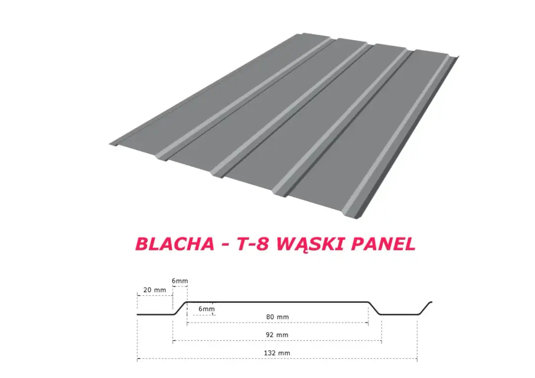 Szary, falisty panel blachy T-8, idealny na drzwi garażowe, z widocznym przekrojem i wymiarami.