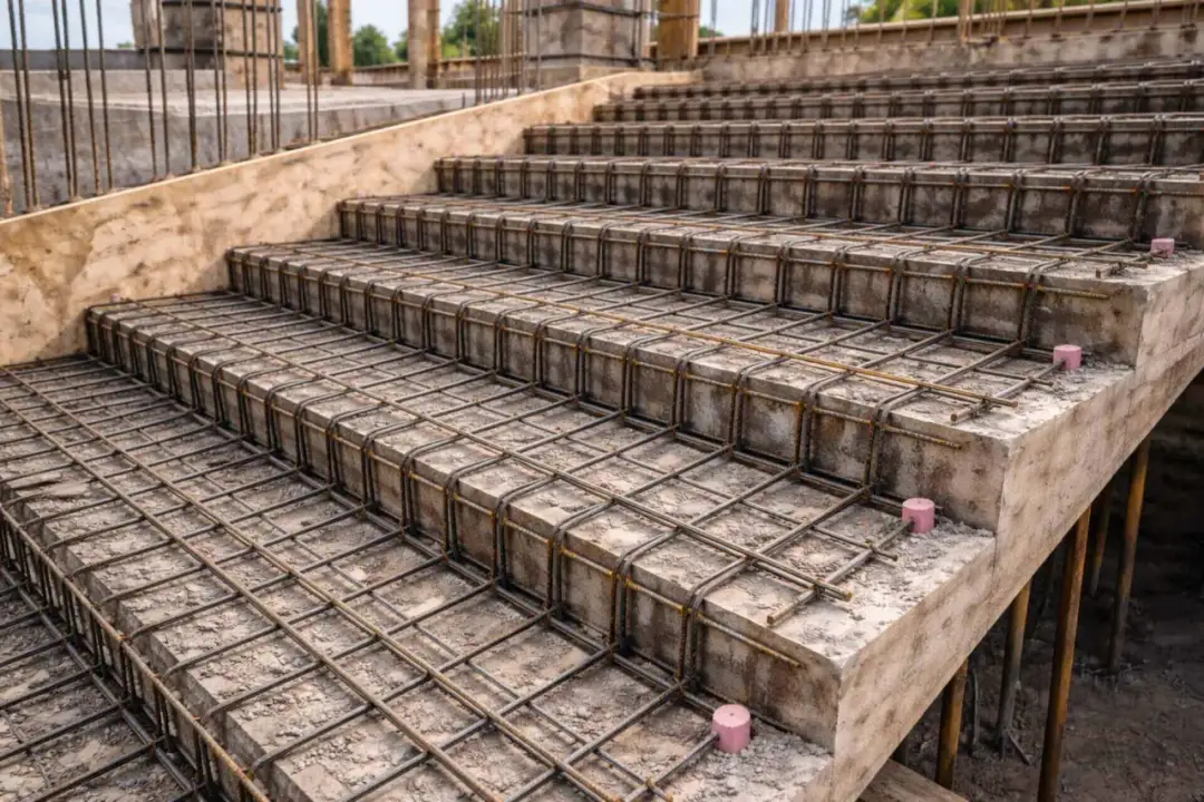 Siatka prętów na zbrojenie schodów, gotowa do zalania betonem. Widać kolejne stopnie i pionowe pręty.