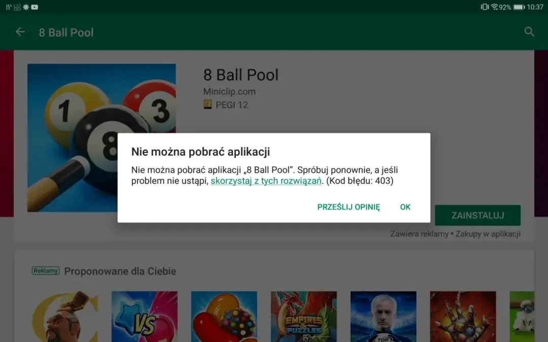 Grafika z gry 8 Ball Pool z komunikatem o błędzie pobierania aplikacji.