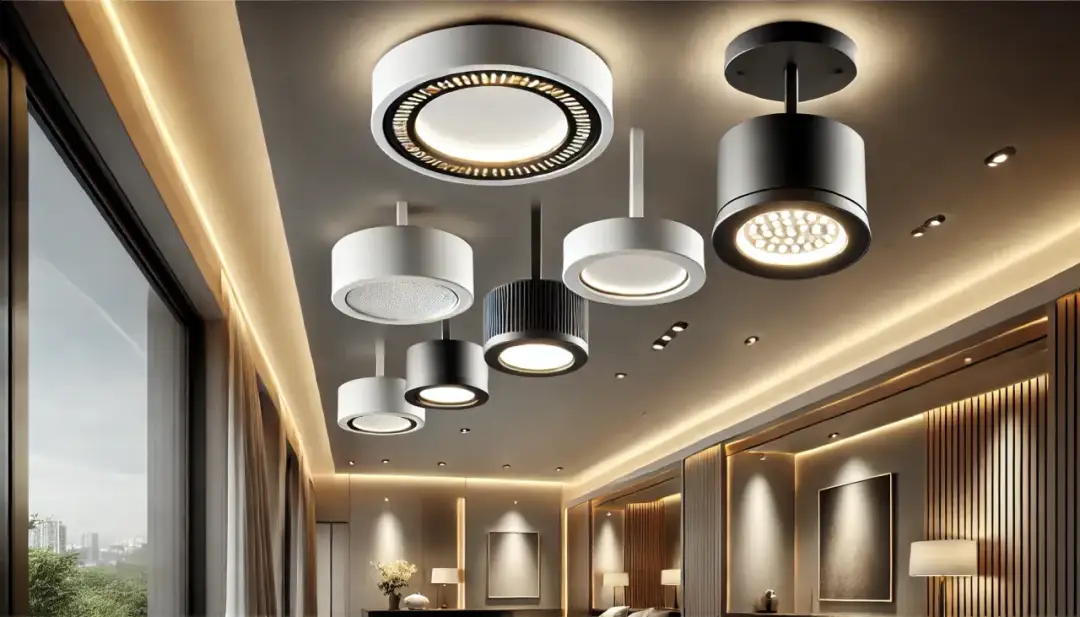 Nowoczesne halogeny sufitowe LED w różnych kształtach i kolorach, tworzące eleganckie oświetlenie wnętrza.