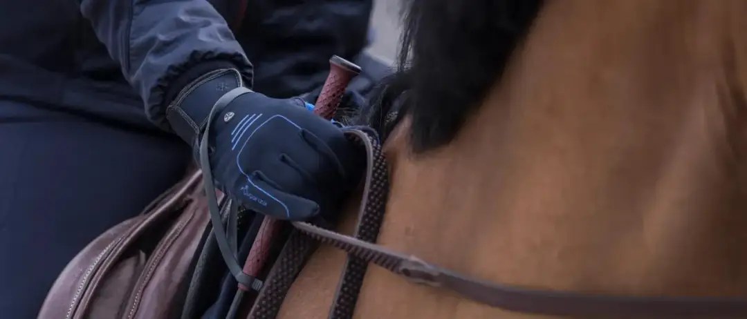 Dłoń w rękawiczce trzyma bat obok grzywy konia i siodła.