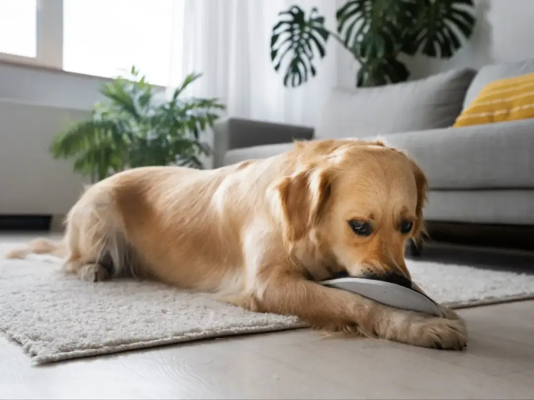 Złoty retriever gryzie poduszkę na dywanie. Dowiedz się, jakie są najskuteczniejsze metody na pozbycie się zapachu psa z kanapy i dywanu, by Twój dom pachniał świeżością.