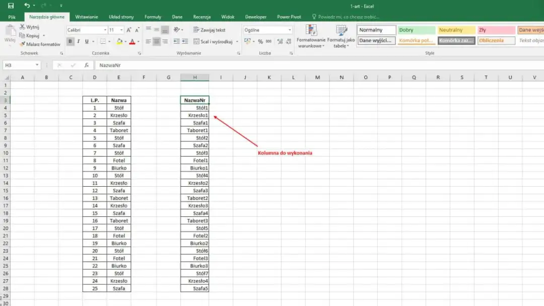 Tabela w Excelu z listą mebli i ich nazwami. Kolumna "NazwaNr" zawiera dane, które mogą być analizowane pod kątem ile znaków w komórce excel.