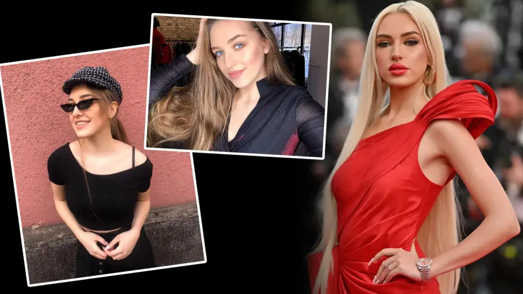Caroline Derpienski kiedyś: urocza nastolatka w czapce i okularach, a obok selfie z niebieskimi oczami i zdjęcie z czerwonego dywanu w czerwonej sukni.