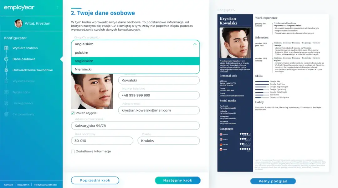 Jak napisać CV po angielsku? Wybierz język angielski, uzupełnij dane osobowe i stwórz profesjonalne CV.