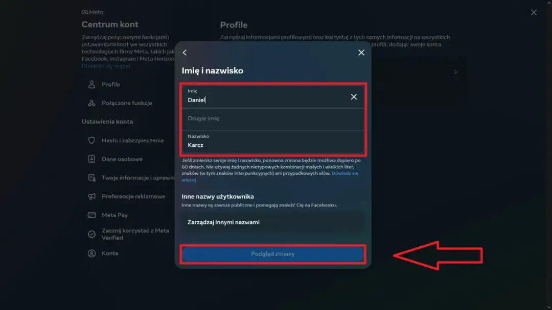 Okno dialogowe z polami do wpisania imienia i nazwiska, pokazujące jak zmienić nazwę profilu na FB.
