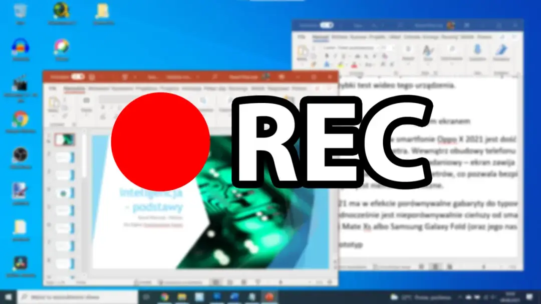 Czerwony przycisk nagrywania i napis REC na tle ekranu laptopa z otwartymi programami.