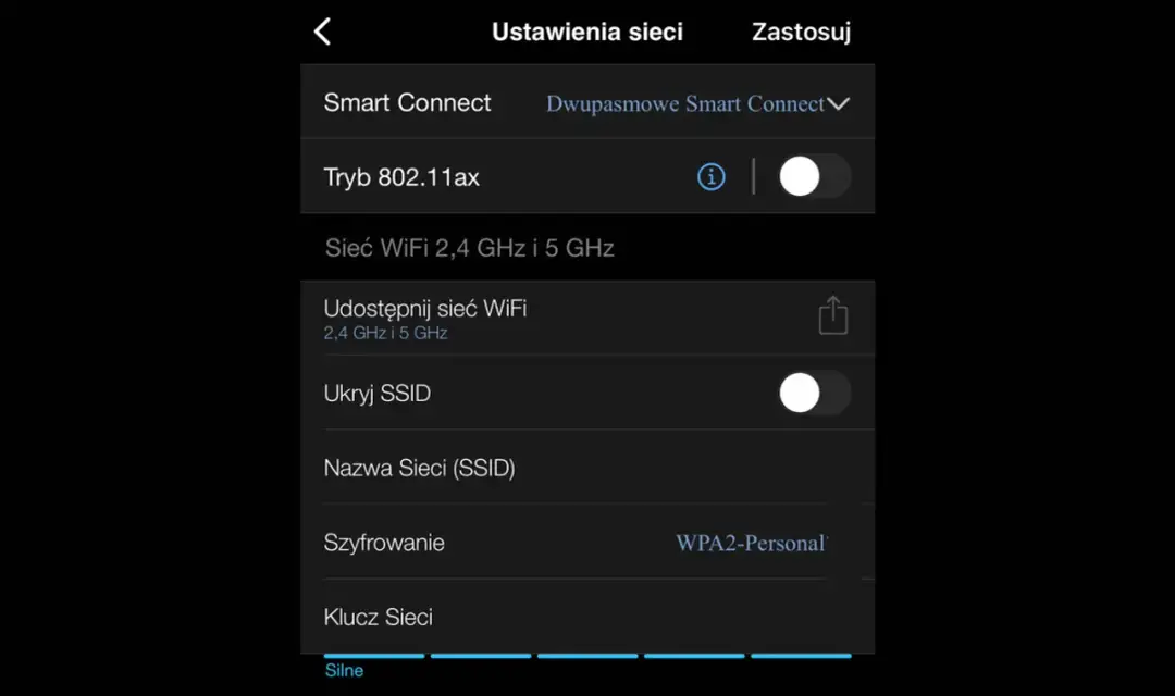 Ekran ustawień sieci WiFi z opcjami Smart Connect, trybu 802.11ax i ukrywania SSID.