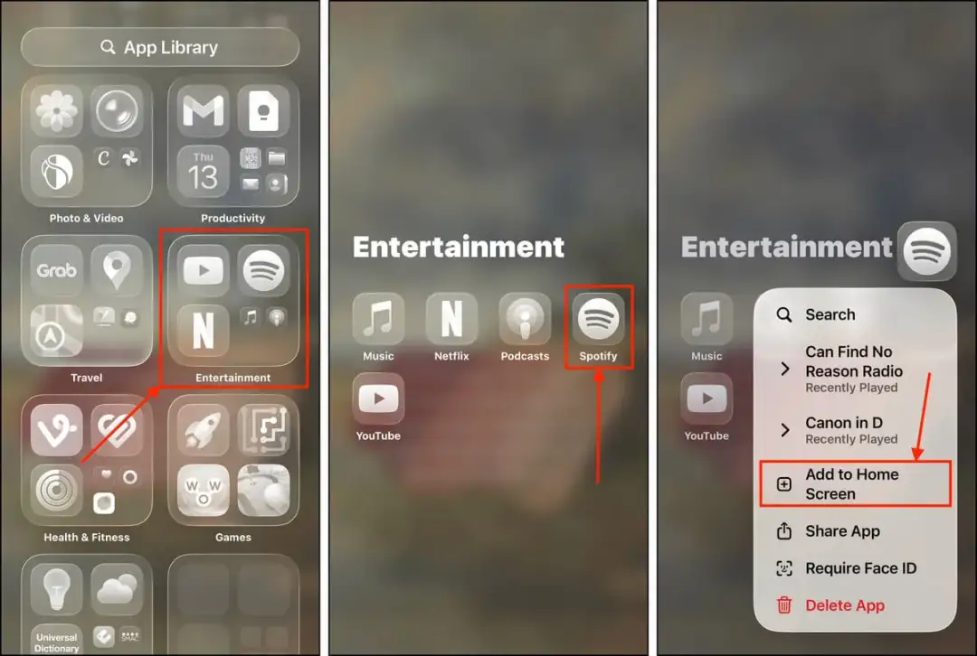 Zrzuty ekranu z telefonu pokazujące bibliotekę aplikacji i opcję dodania Spotify do ekranu głównego.