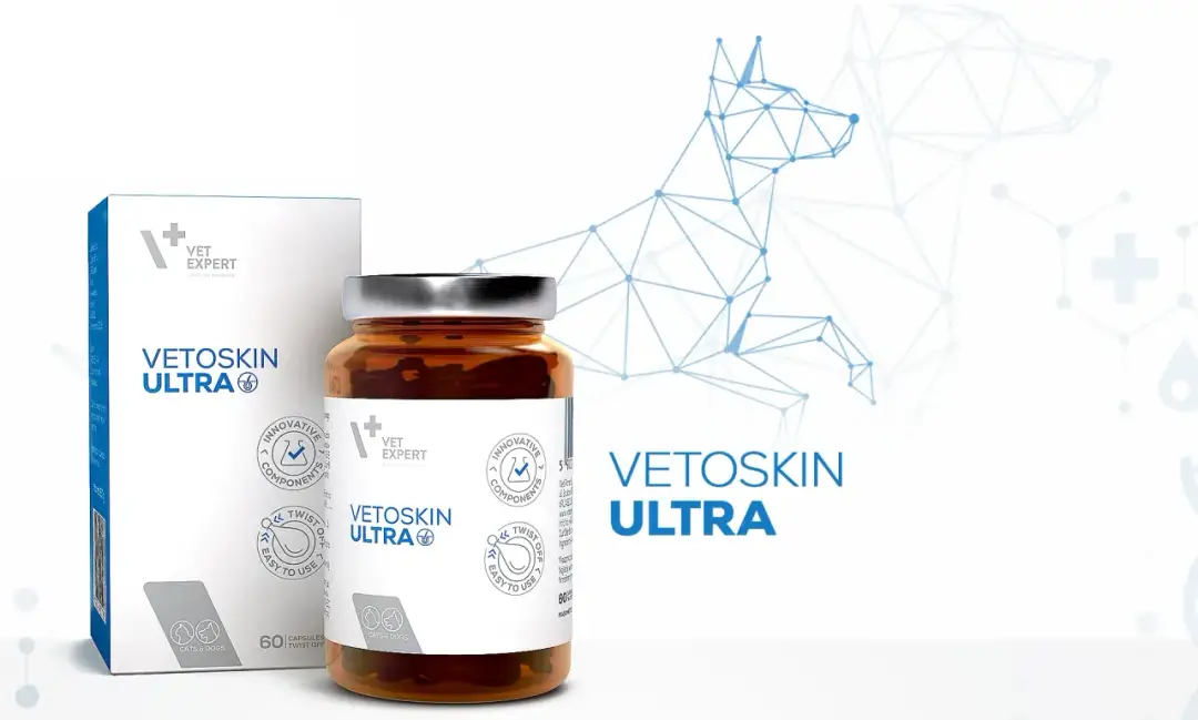 Opakowanie i słoiczek suplementu Vetoskin Ultra na białym tle z grafiką psa.
