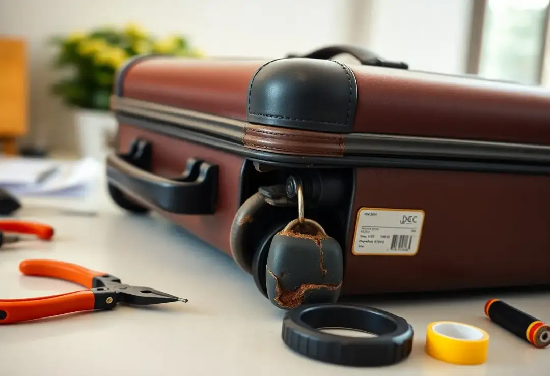 Brązowa walizka z uszkodzoną kłódką, obok kombinerki i taśma.