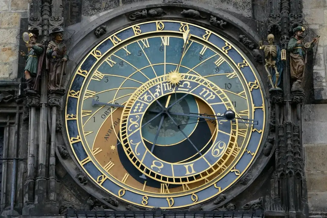 Zegar astronomiczny w Pradze, z figurami i znakami zodiaku, świadczy o upływie czasu.