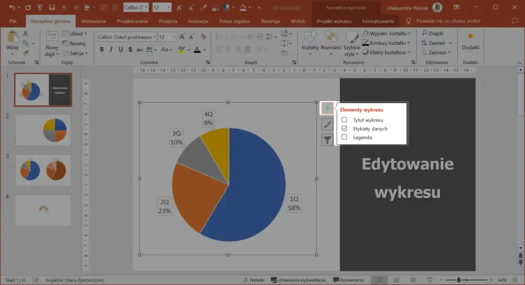 Edytowanie wykresu kołowego w programie PowerPoint. Możesz dodać tytuł, etykiety danych lub legendę, aby lepiej zrozumieć, jak wstawić wykres w Wordzie.