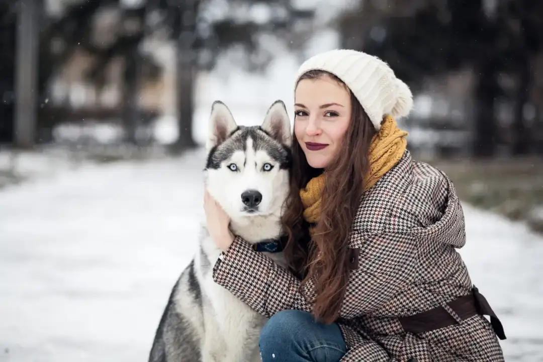 Dziewczyna w czapce i szaliku przytula husky. Czy husky szczekają? Ten piesek wygląda na bardzo spokojnego.