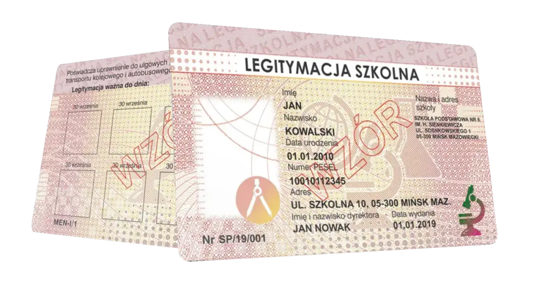 Legitymacja szkolna Jana Kowalskiego, nr SP/19/001, MEN-I/1. Widoczna seria i numer legitymacji szkolnej.