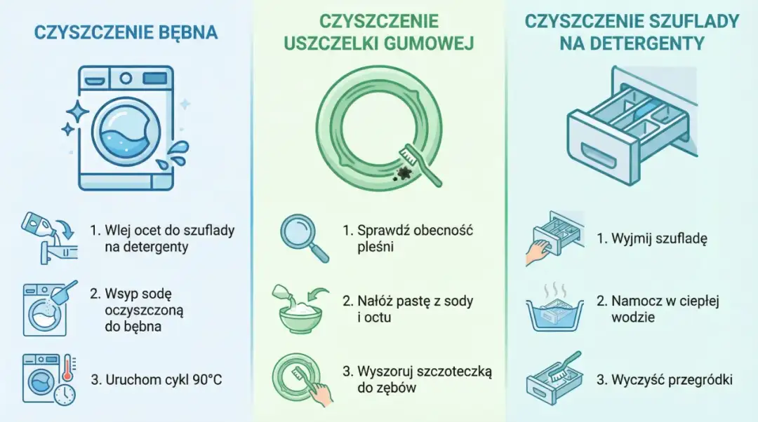 Ilustracja pokazuje, jak dbać o pralkę: czyszczenie bębna, uszczelki gumowej i szuflady na detergenty.