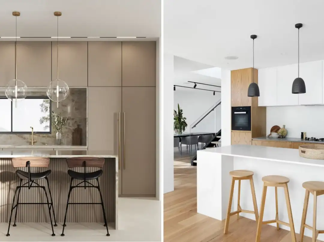 Dwie nowoczesne kuchnie: jedna z beżowymi frontami i marmurowym blatem, druga z białymi i drewnianymi elementami.