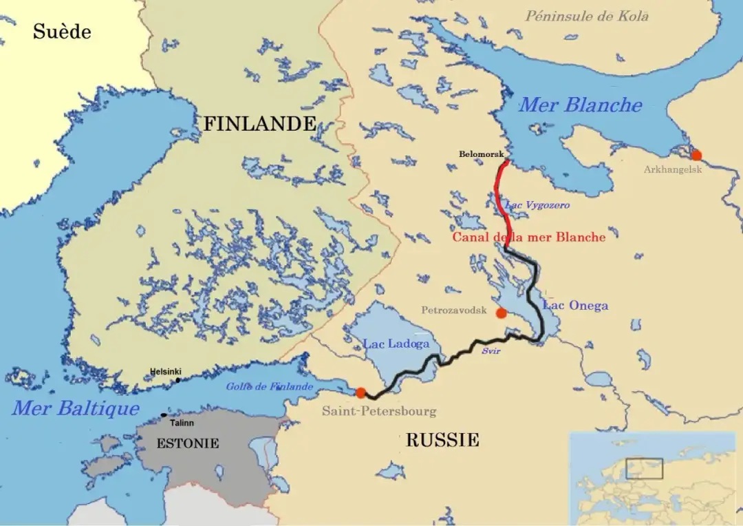 Mapa północno-wschodniej Europy z zaznaczonymi Finlandią, Estonią, Rosją, Morzem Bałtyckim i Morzem Białym. Widoczny Kanał Morza Białego.