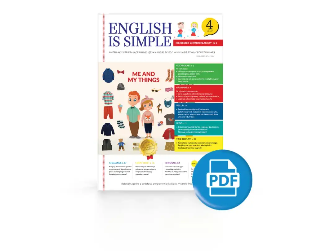 Okładka materiałów do nauki angielskiego dla klasy 4: chłopiec i dziewczynka, ubrania, zabawki, logo PDF.