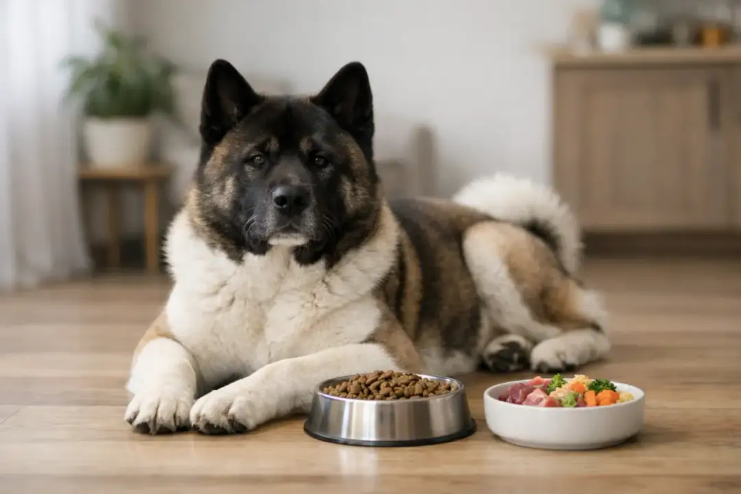 Akita leży obok misek z suchą karmą i świeżym jedzeniem. Zastanawia się, co lubi jeść akita: mięso czy chrupki?