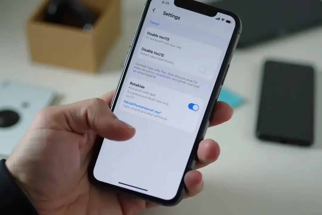 Dłoń trzyma smartfon z włączonymi ustawieniami VoLTE.