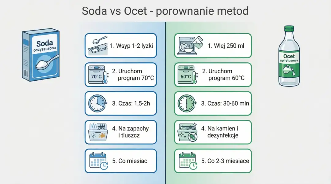 Porównanie metod czyszczenia: czy biały ocet i soda oczyszczona faktycznie działają lepiej niż chemia? Ilustracja pokazuje instrukcje użycia sody i octu do czyszczenia.
