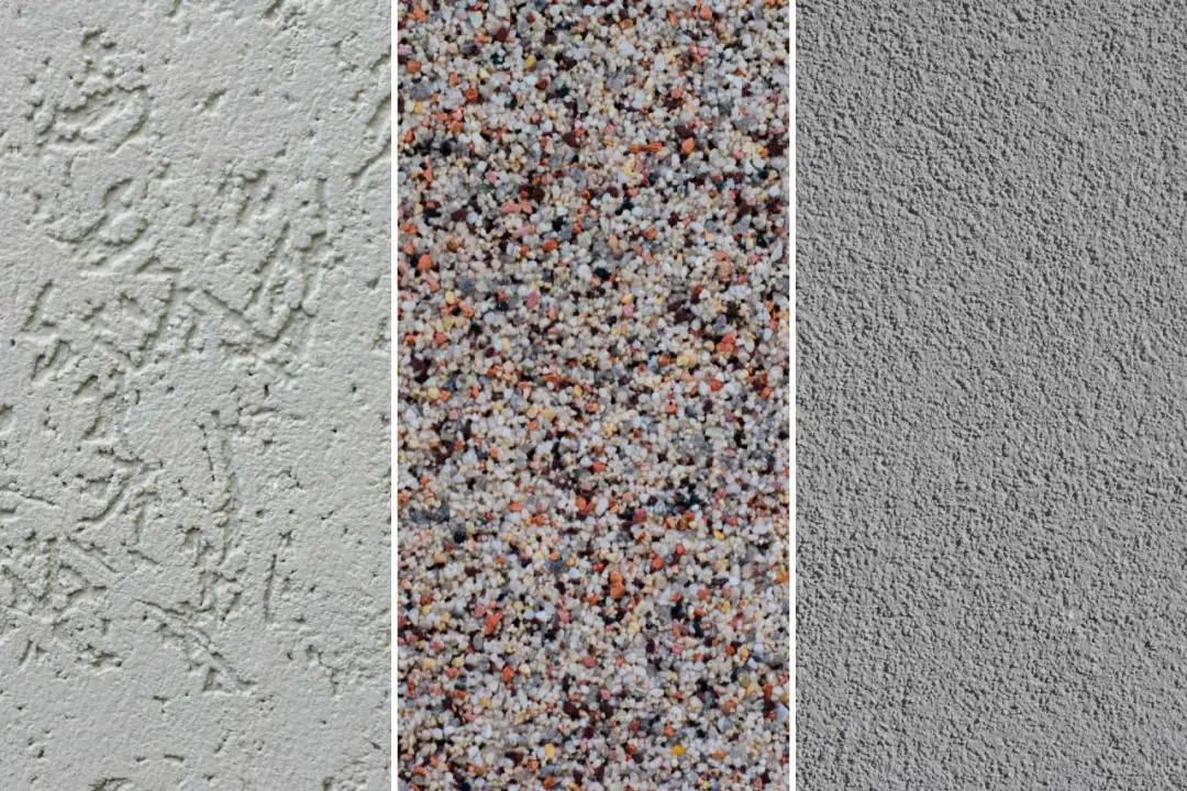 Trzy rodzaje faktur tynków elewacyjnych: baranek, mozaikowy i gładki.