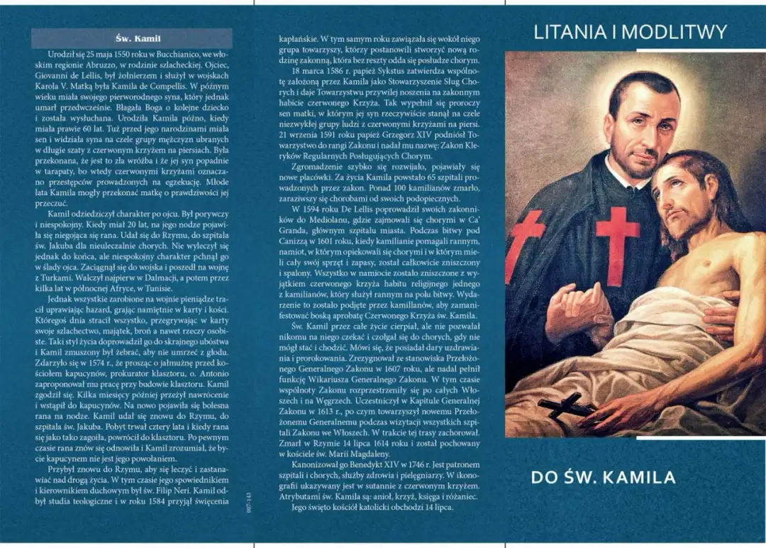 Litania do św. Kamila: obraz przedstawia świętego Kamila de Lellis niosącego chorego Jezusa.