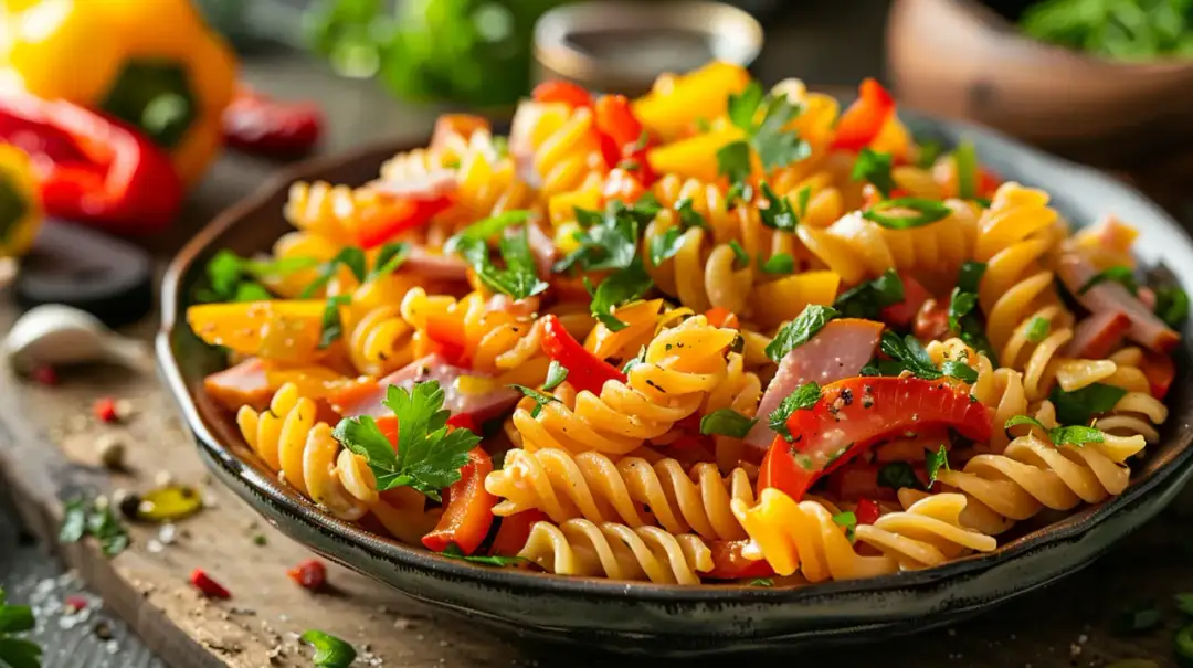 Sałatka z kabanosem, makaronem, papryką i sosem czosnkowym