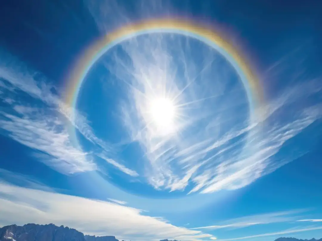 Słońce otoczone tęczowym pierścieniem, przypominającym efekt halo przy astygmatyzmie. Na niebie delikatne chmury i zarys gór.