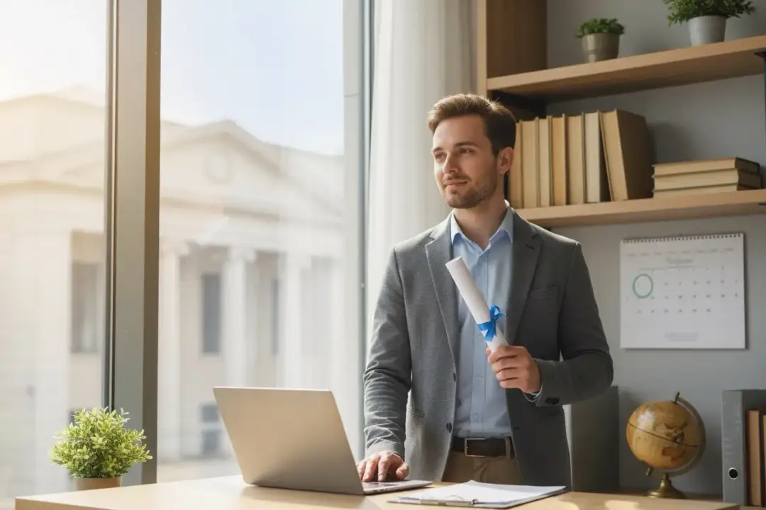 Młody mężczyzna z dyplomem zastanawia się, czy szkoła zawodowa wlicza się do lat pracy, siedząc przy laptopie.