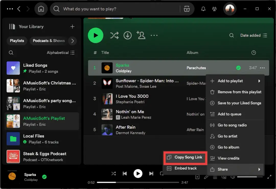 Ekran Spotify z menu kontekstowym otwartym na opcji "Kopiuj link do utworu".