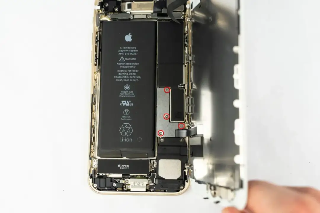 Wymieniony iPhone 7 z widoczną baterią i elementami wewnętrznymi.