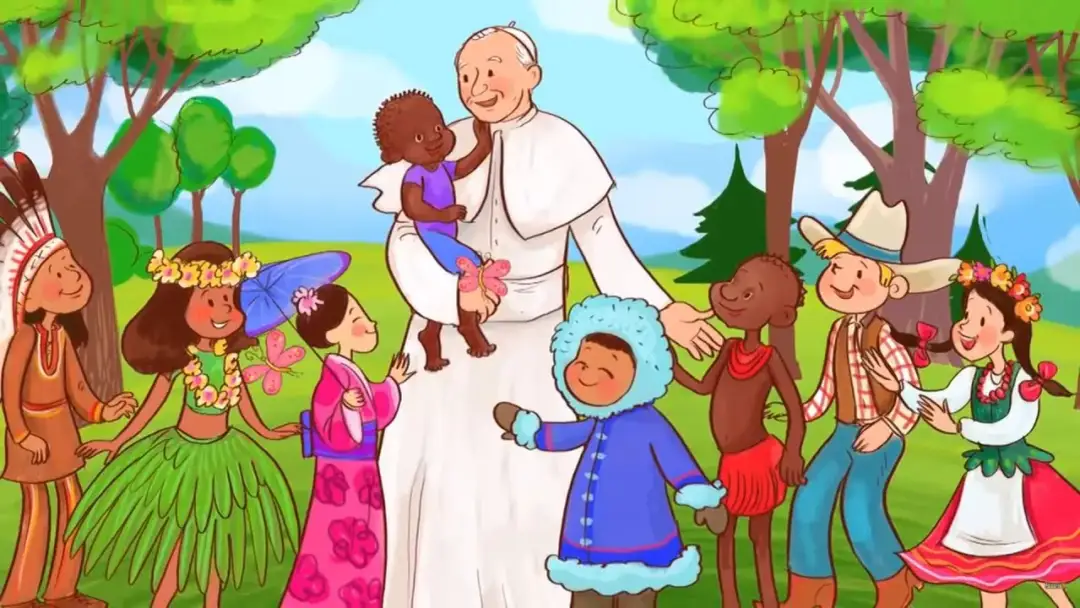 Rysunek Jana Pawła II z dziećmi do druku i kolorowania dla katolików