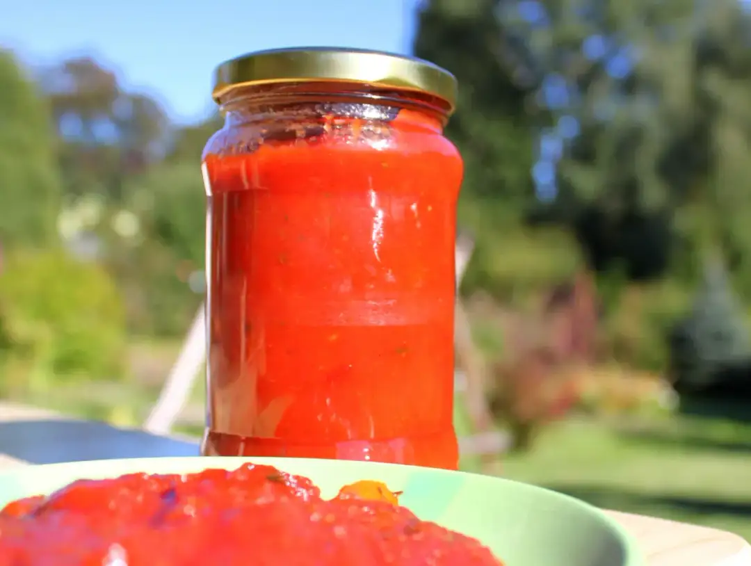 Słoik domowego sosu pomidorowego, idealny, by dowiedzieć się, jak zawekować sos do spaghetti. Letnia zieleń w tle.