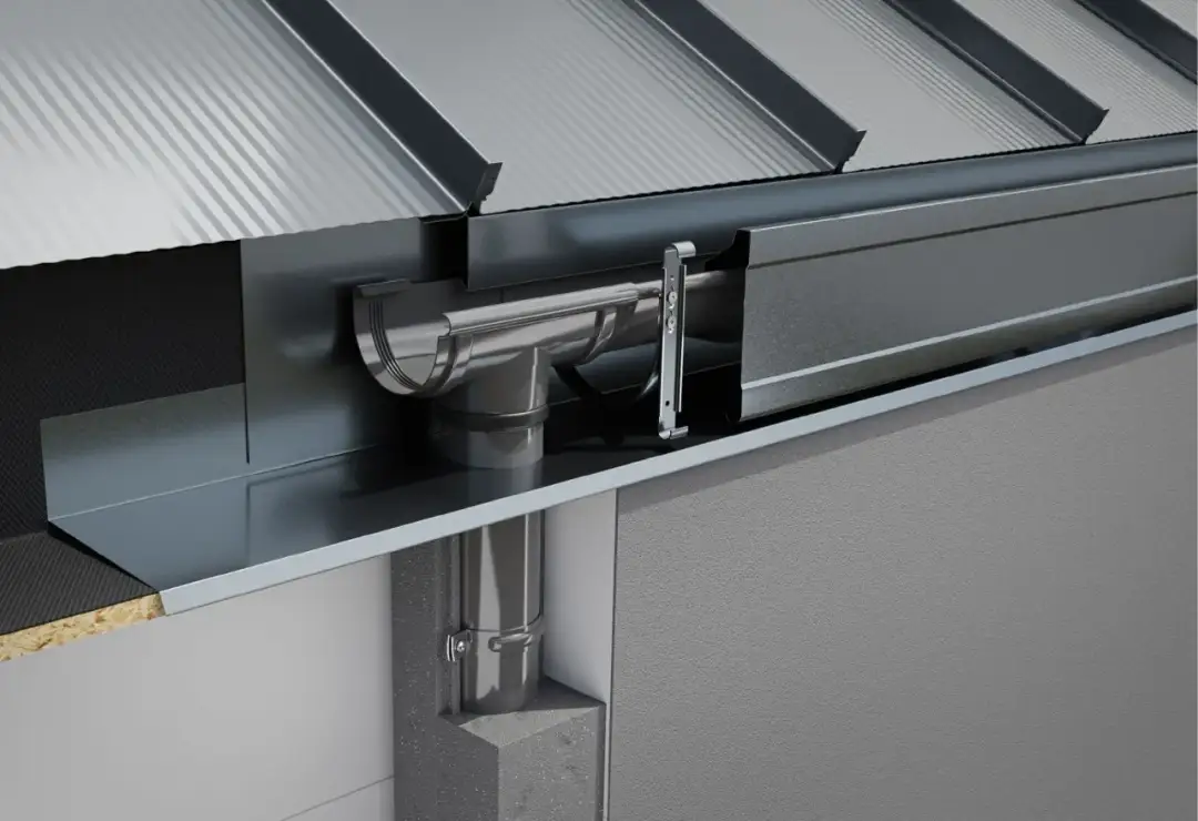 Przekrój ukrytej rynny dachowej z odpływem i elementami mocującymi.