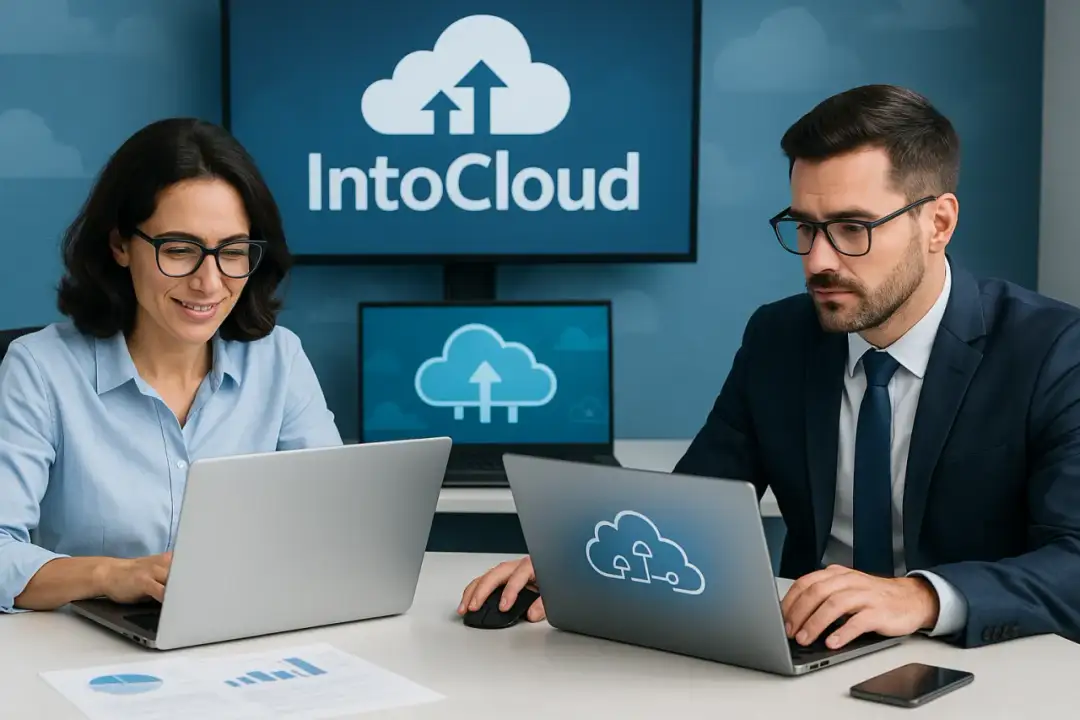 Dwoje specjalistów przy biurkach z laptopami i ekranami IntoCloud — usługi chmurowe, backup danych i aplikacje chmurowe