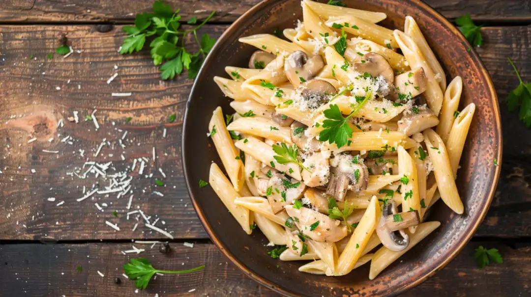 Makaron penne z kurkami, kurczakiem i śmietaną