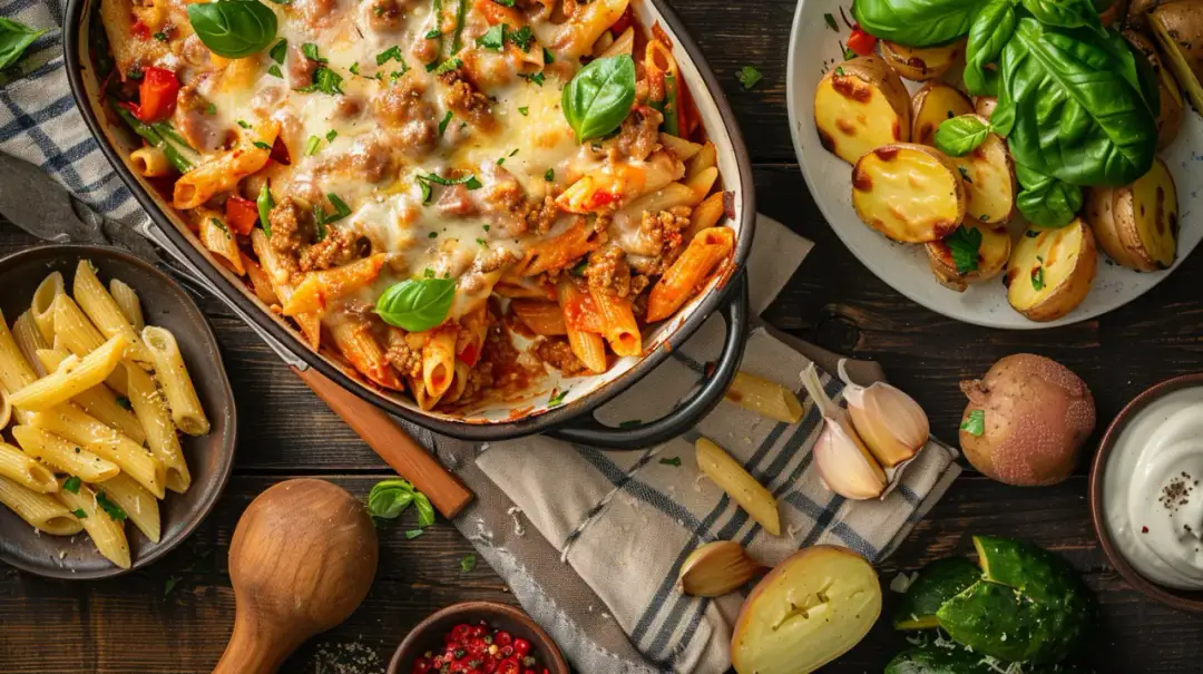 Zapiekanka z mięsem z rosołu, makaronem i warzywami