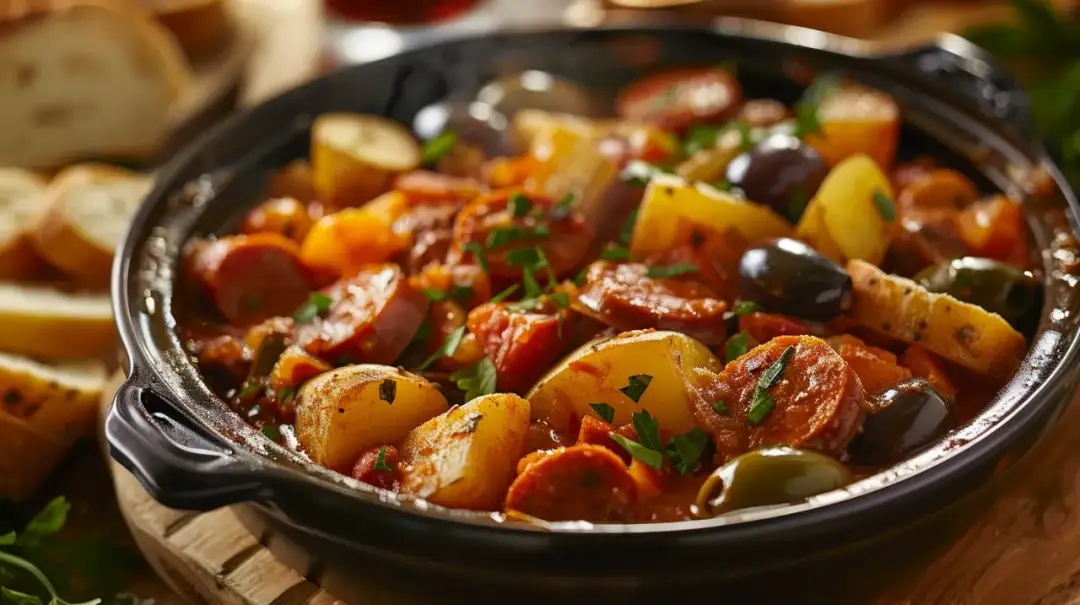 Hiszpański gulasz z chorizo, ziemniakami i oliwkami