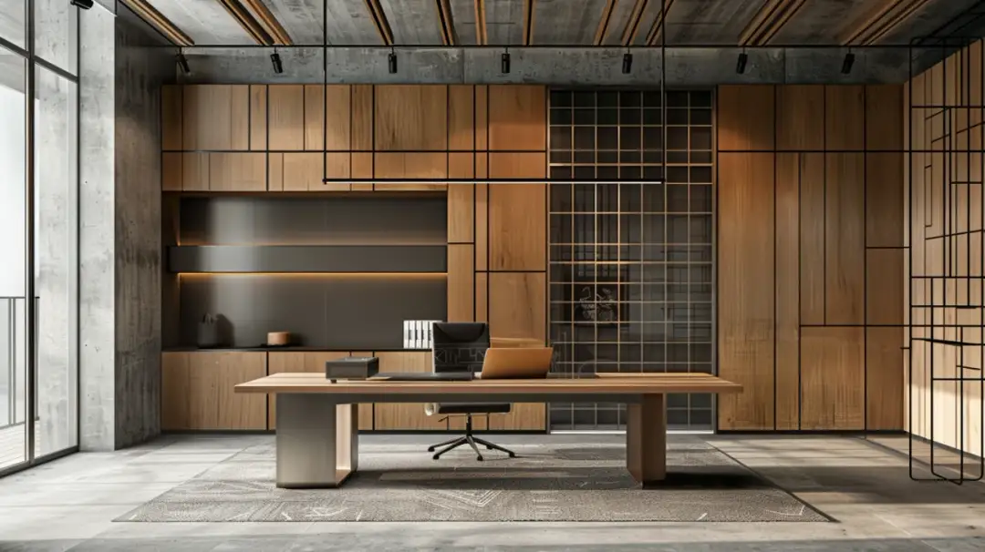 Industrialny akcent wnętrza - kratka metalowa nad biurkiem