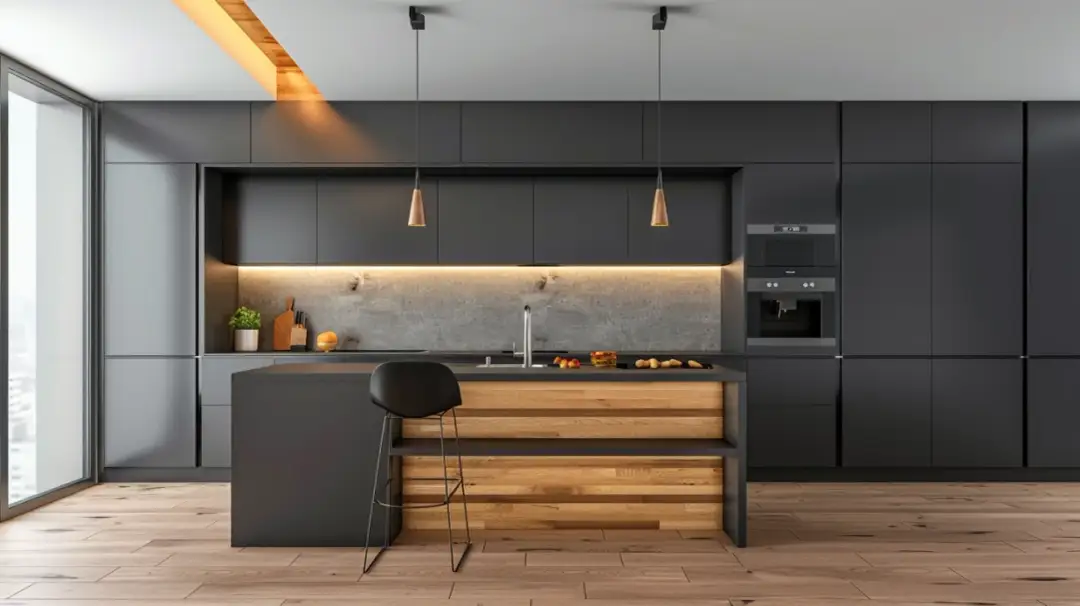 Szara kuchnia z drewnianym blatem: elegancka aranżacja