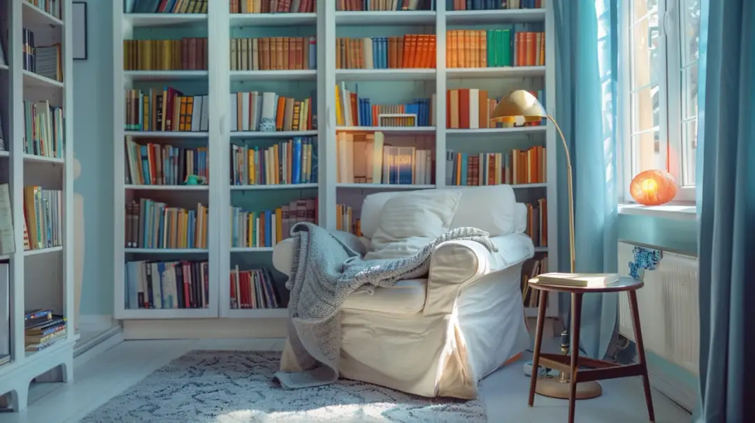 Przytulna aranżacja małej sypialni z książkami